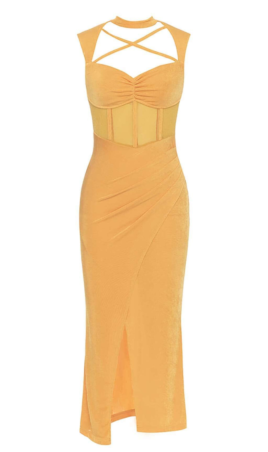 Neckholder-Bandage-Midikleid in Gelb