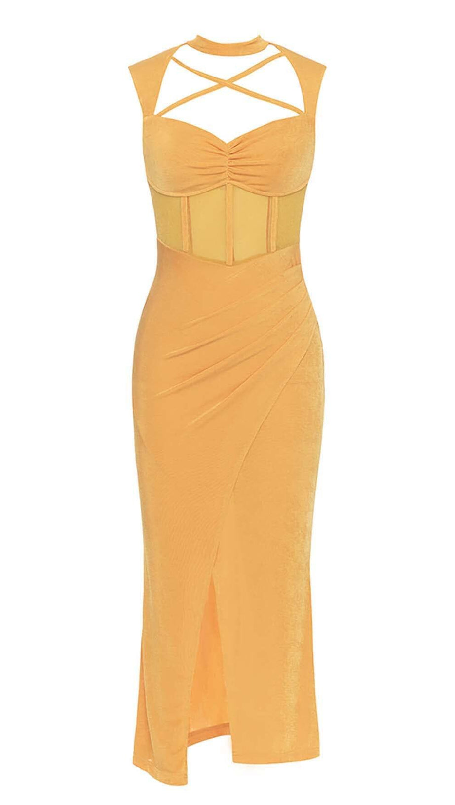 HALTER BANDAGE MIDI DRESS IN YELLOW
