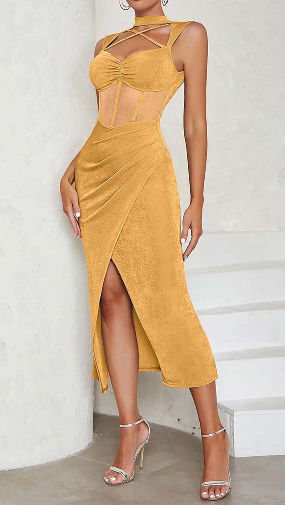 HALTER BANDAGE MIDI DRESS IN YELLOW