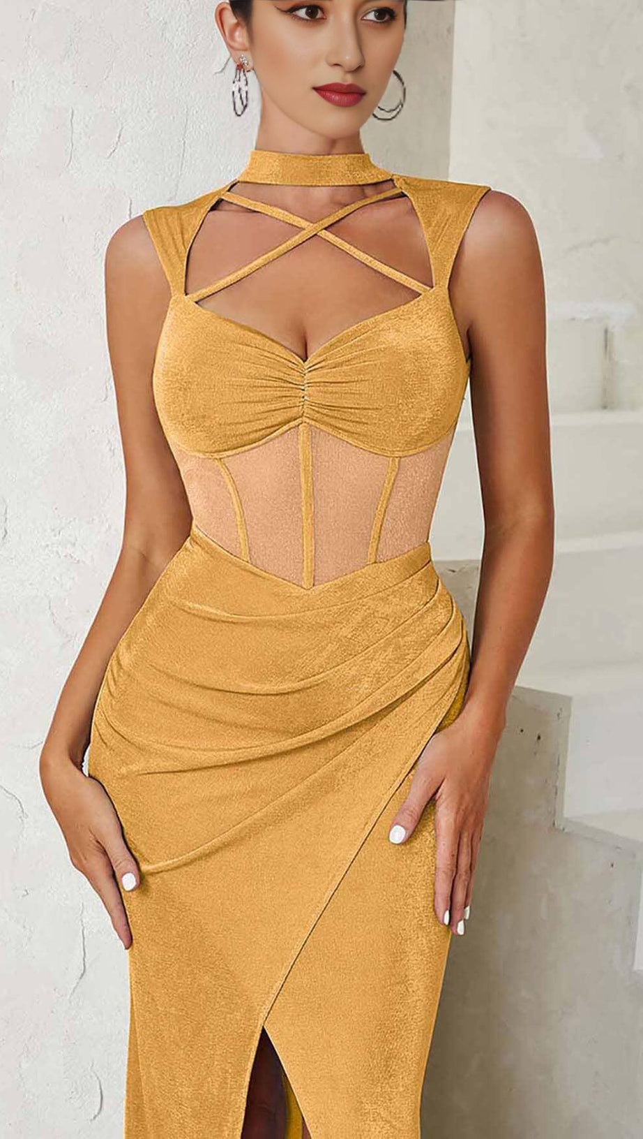 HALTER BANDAGE MIDI DRESS IN YELLOW