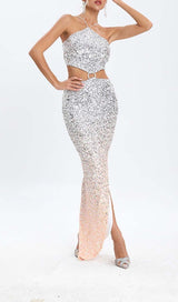 HALTER SEQUIN MIDI DRESS IN METALLIC SLIVER