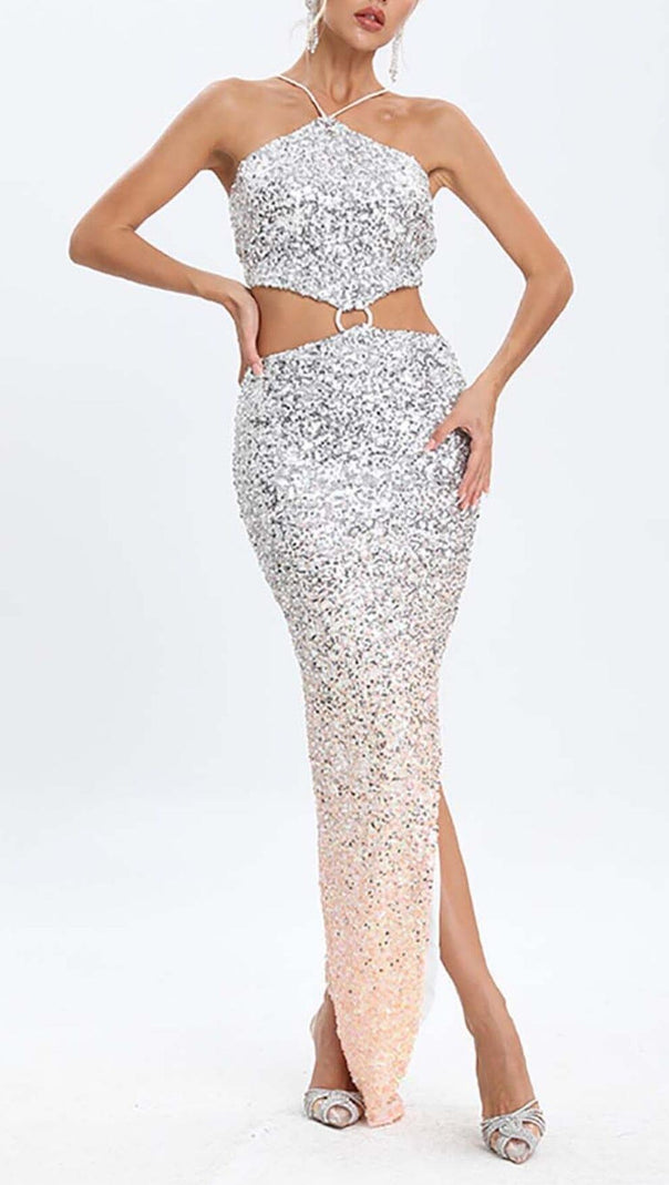 AIIZIE HALTER SEQUIN MIDI DRESS IN METALLIC SLIVER - product image