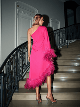 Ceridwen One Shoulder Feather Trimmed Midi Dress In Hot Pink