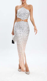 HALTER SEQUIN MIDI DRESS IN METALLIC SLIVER