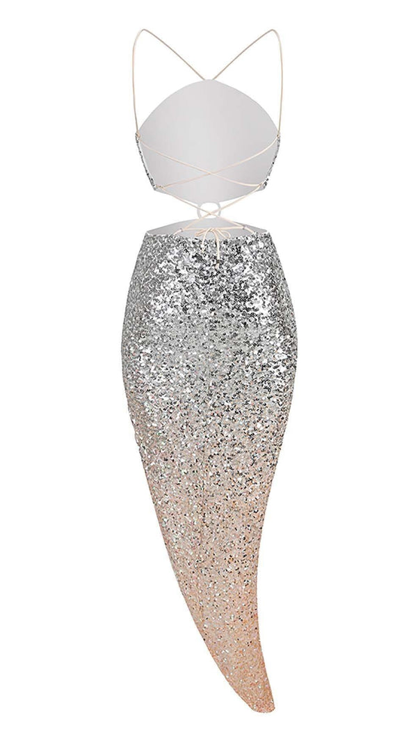 AIIZIE HALTER SEQUIN MIDI DRESS IN METALLIC SLIVER - product image