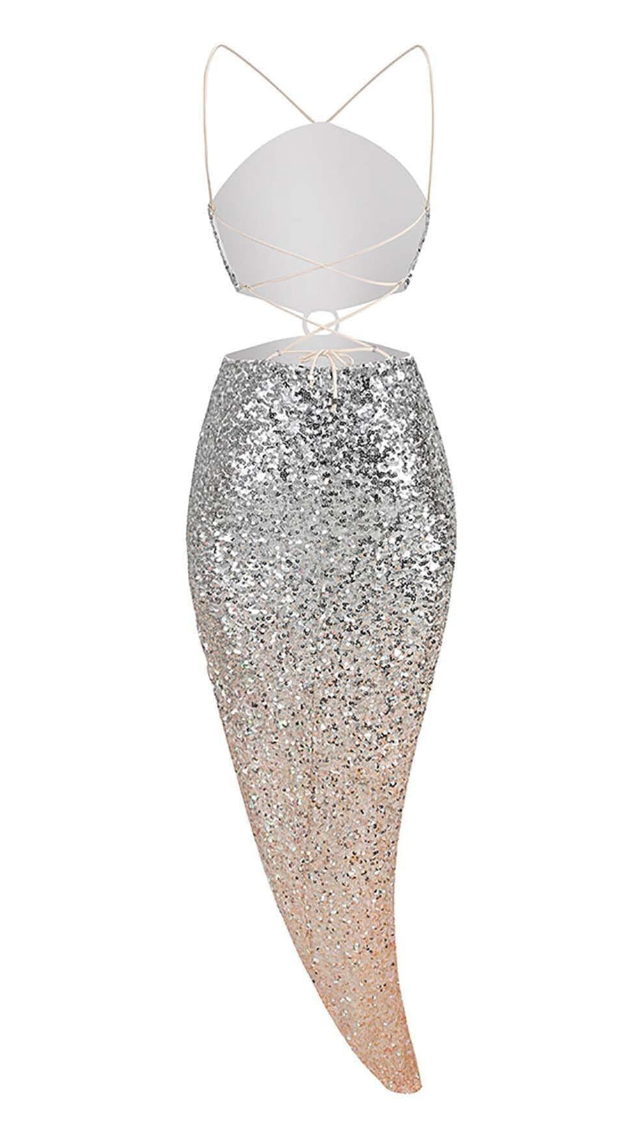 HALTER SEQUIN MIDI DRESS IN METALLIC SLIVER