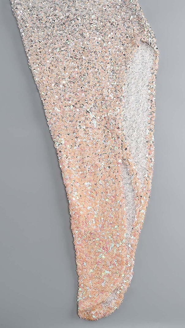 AIIZIE HALTER SEQUIN MIDI DRESS IN METALLIC SLIVER - product image