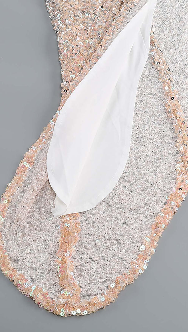 AIIZIE HALTER SEQUIN MIDI DRESS IN METALLIC SLIVER - product image