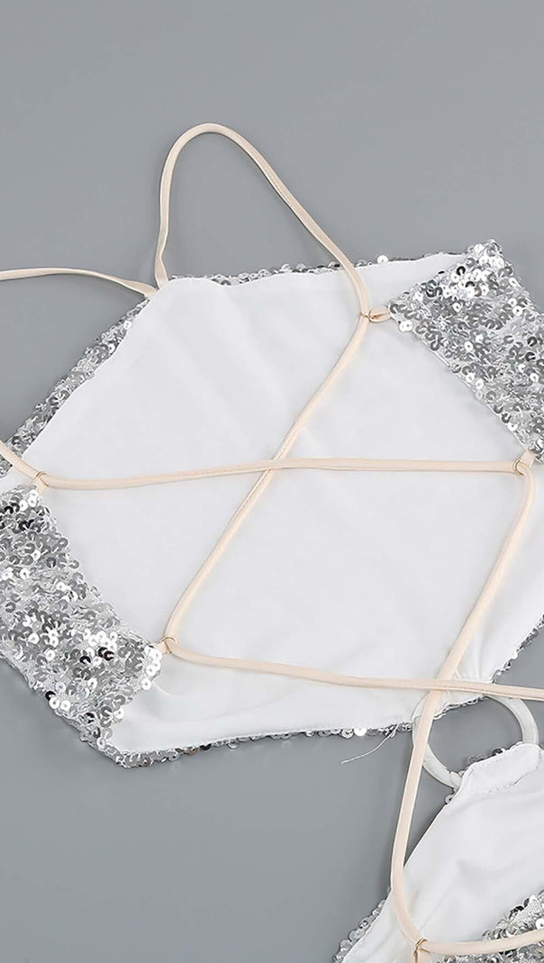 ABITO MIDI CON SCOLLO A V E PAILLETTES IN ARGENTO METALLIZZATO