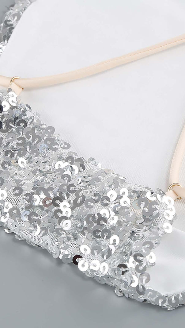 ABITO MIDI CON SCOLLO A V E PAILLETTES IN ARGENTO METALLIZZATO