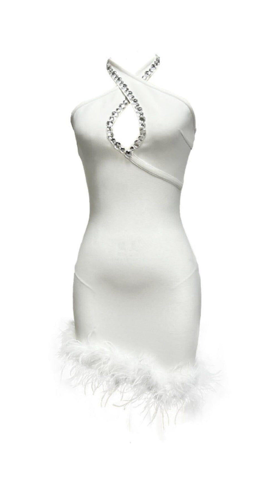 HALTERNECK EMBELLISHED FEATHER BANDAGE DRESS