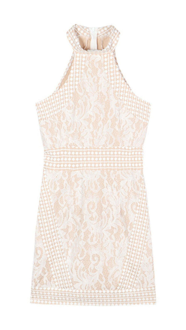 AIIZIE HIGH NECK CROCHET MINI DRESS IN BEIGE - product image