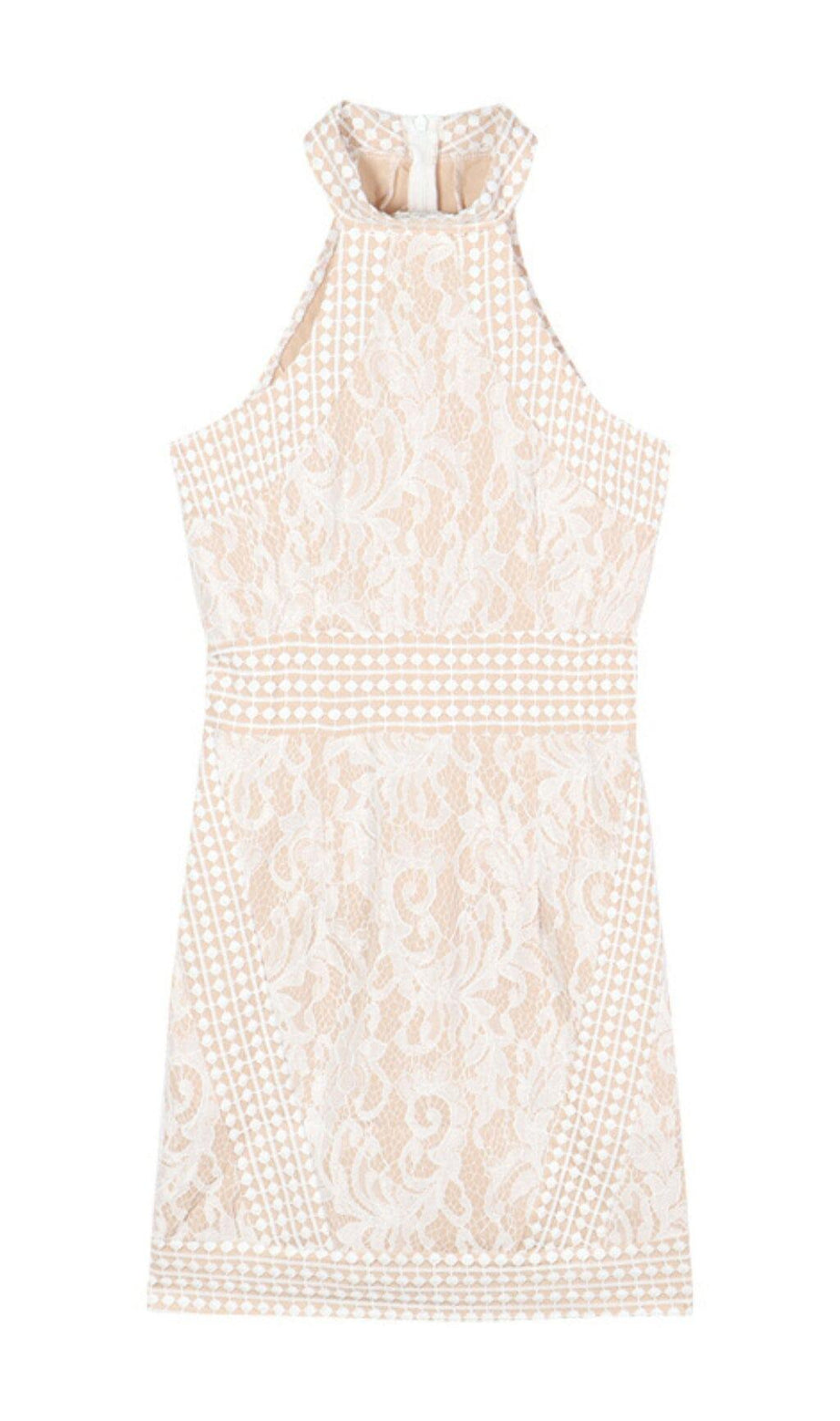 MINI ABITO ALL'UNCINETTO CON COLLO ALTO IN BEIGE