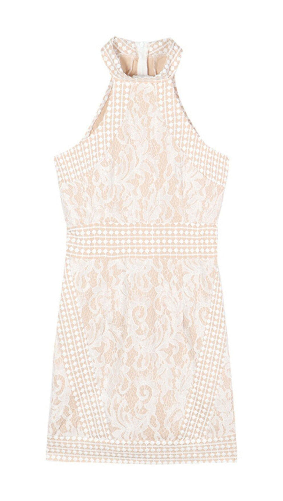 HIGH NECK CROCHET MINI DRESS IN BEIGE