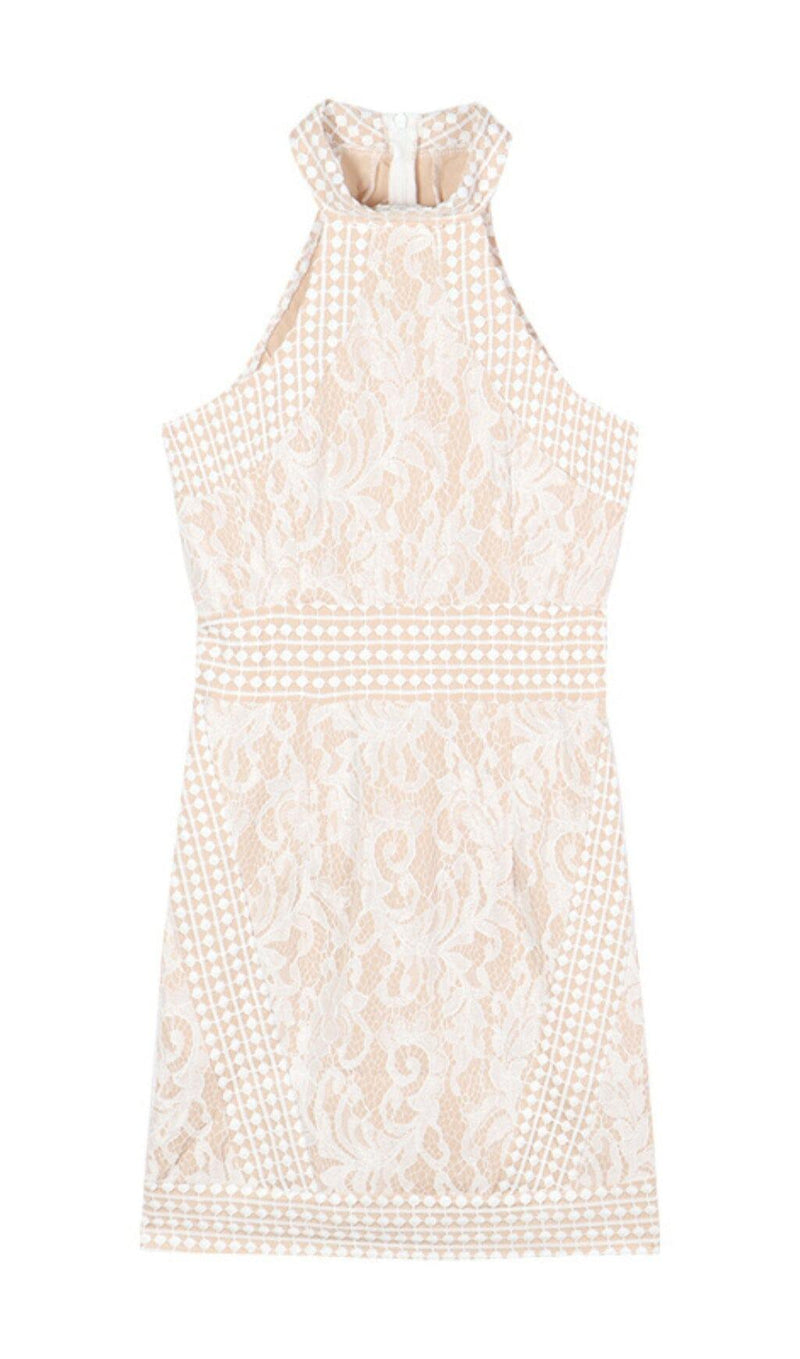 HIGH NECK CROCHET MINI DRESS IN BEIGE