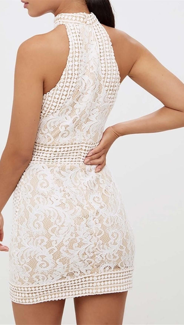 AIIZIE HIGH NECK CROCHET MINI DRESS IN BEIGE - product image