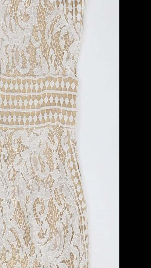 AIIZIE HIGH NECK CROCHET MINI DRESS IN BEIGE - product image