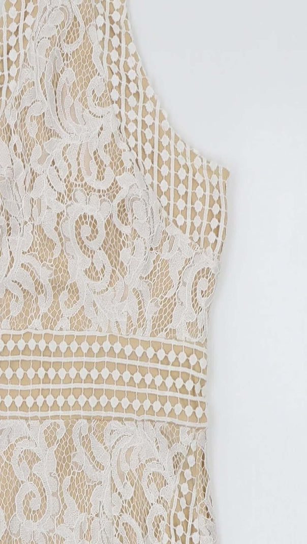 AIIZIE HIGH NECK CROCHET MINI DRESS IN BEIGE - product image