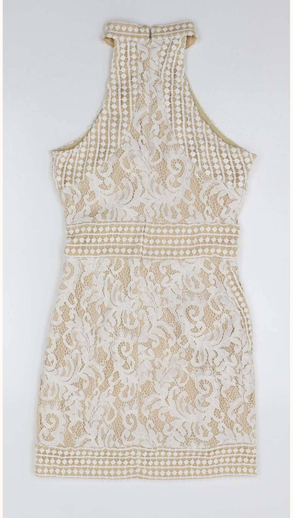 AIIZIE HIGH NECK CROCHET MINI DRESS IN BEIGE - product image