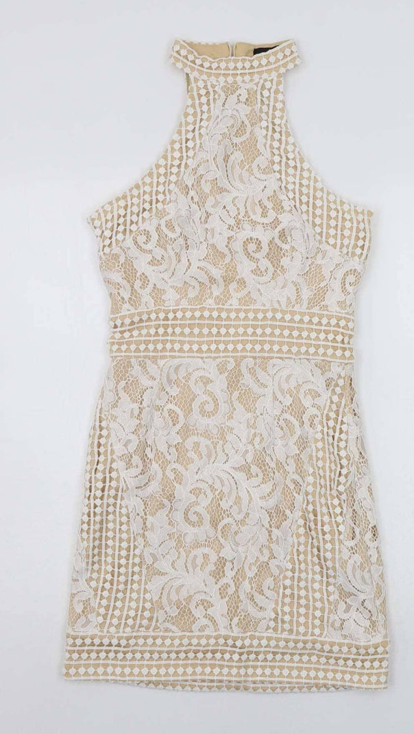 AIIZIE HIGH NECK CROCHET MINI DRESS IN BEIGE - product image