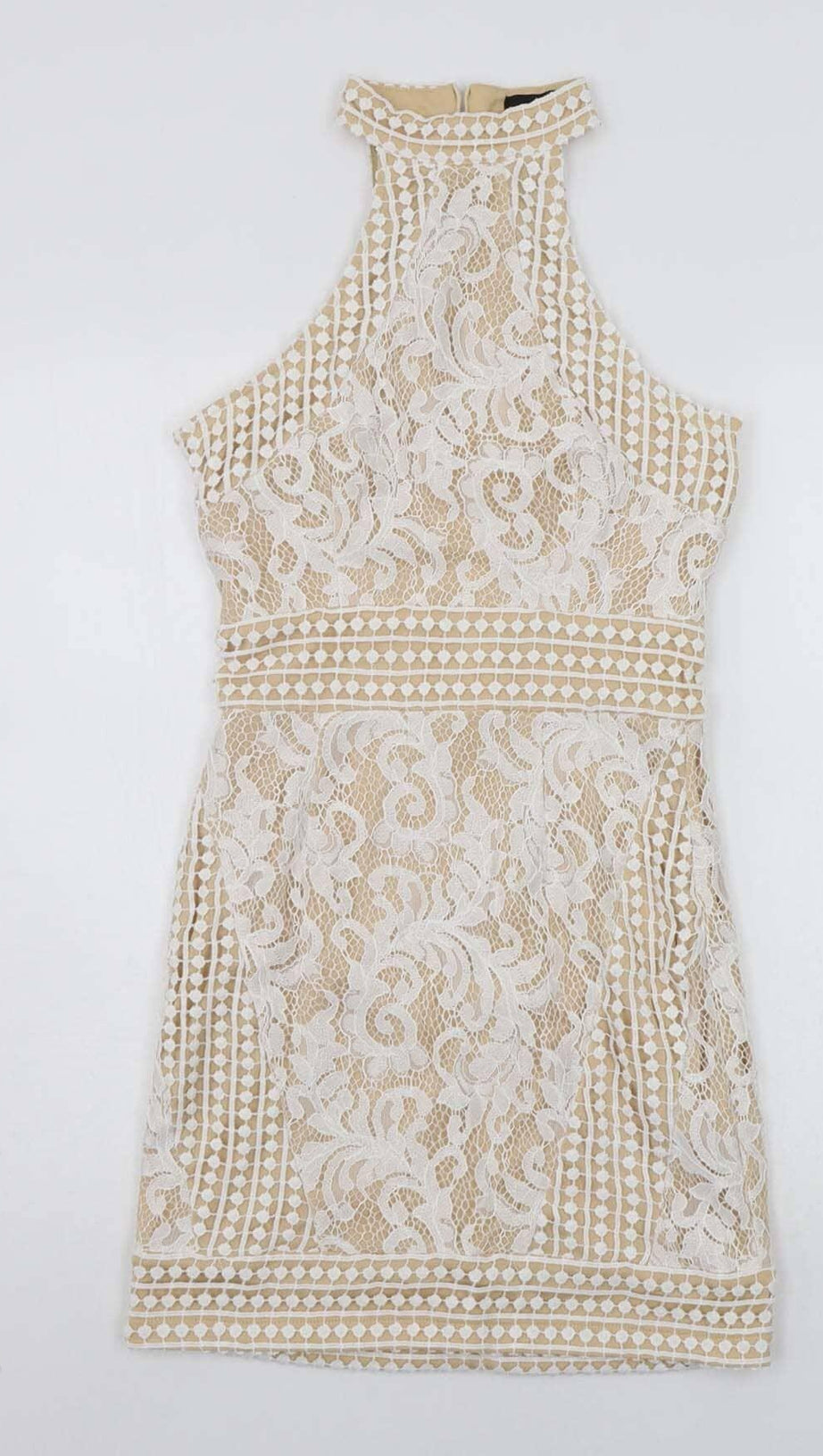 HIGH NECK CROCHET MINI DRESS IN BEIGE