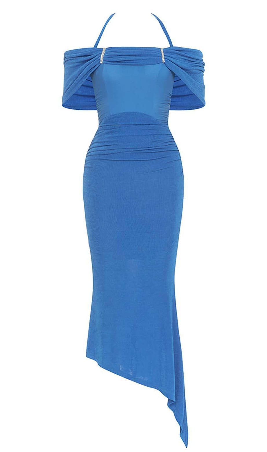 MIDIKLEID MIT HOCHAUSSCHNITT UND RÜSCHEN IN BLAU