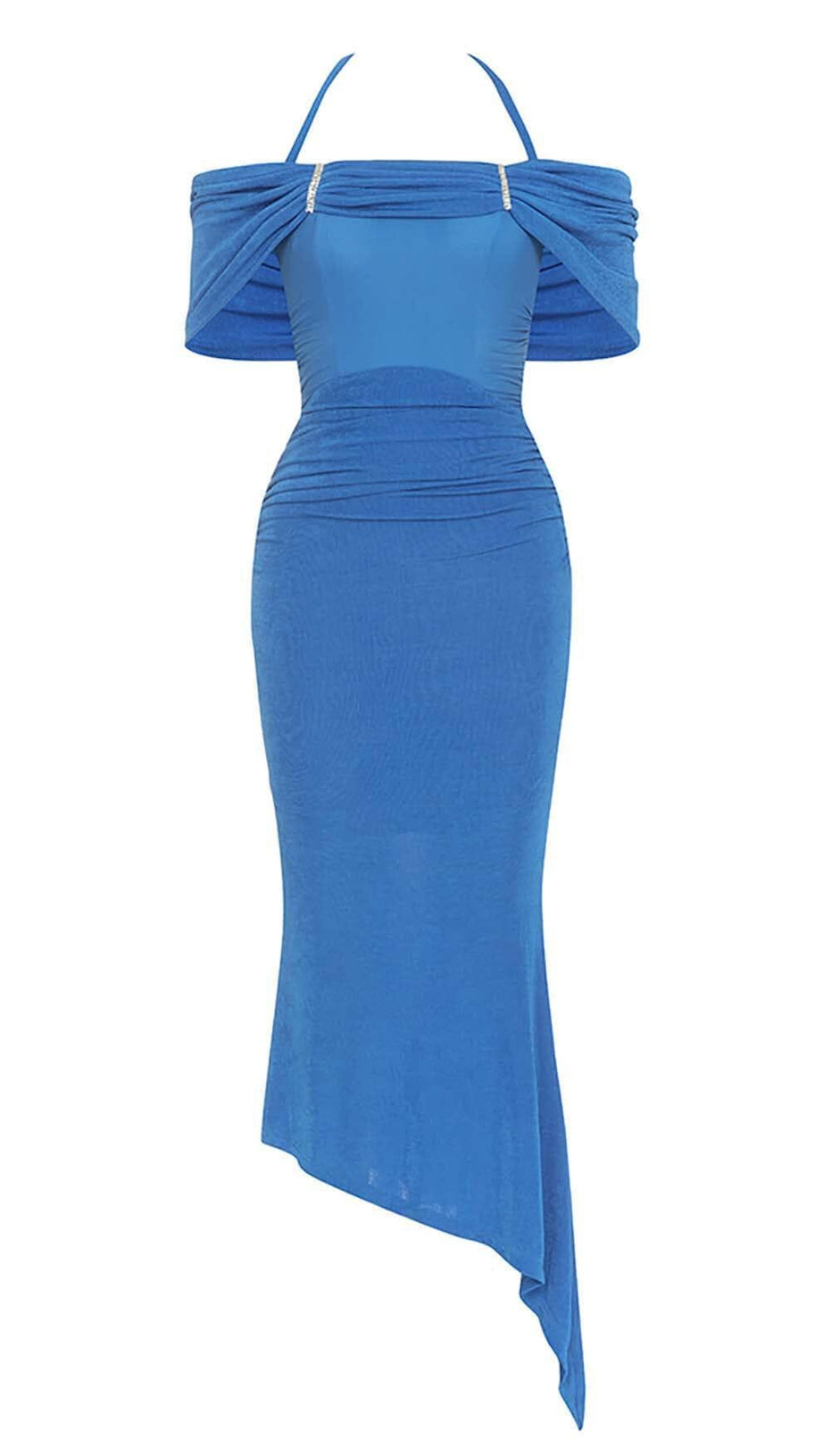 ABITO MIDI CON COLLO ALTO E VOLANT BLU