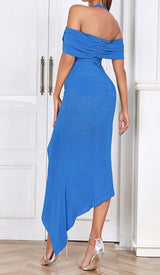 HIGH NECK FRILL MIDI DRESS IN BLUE