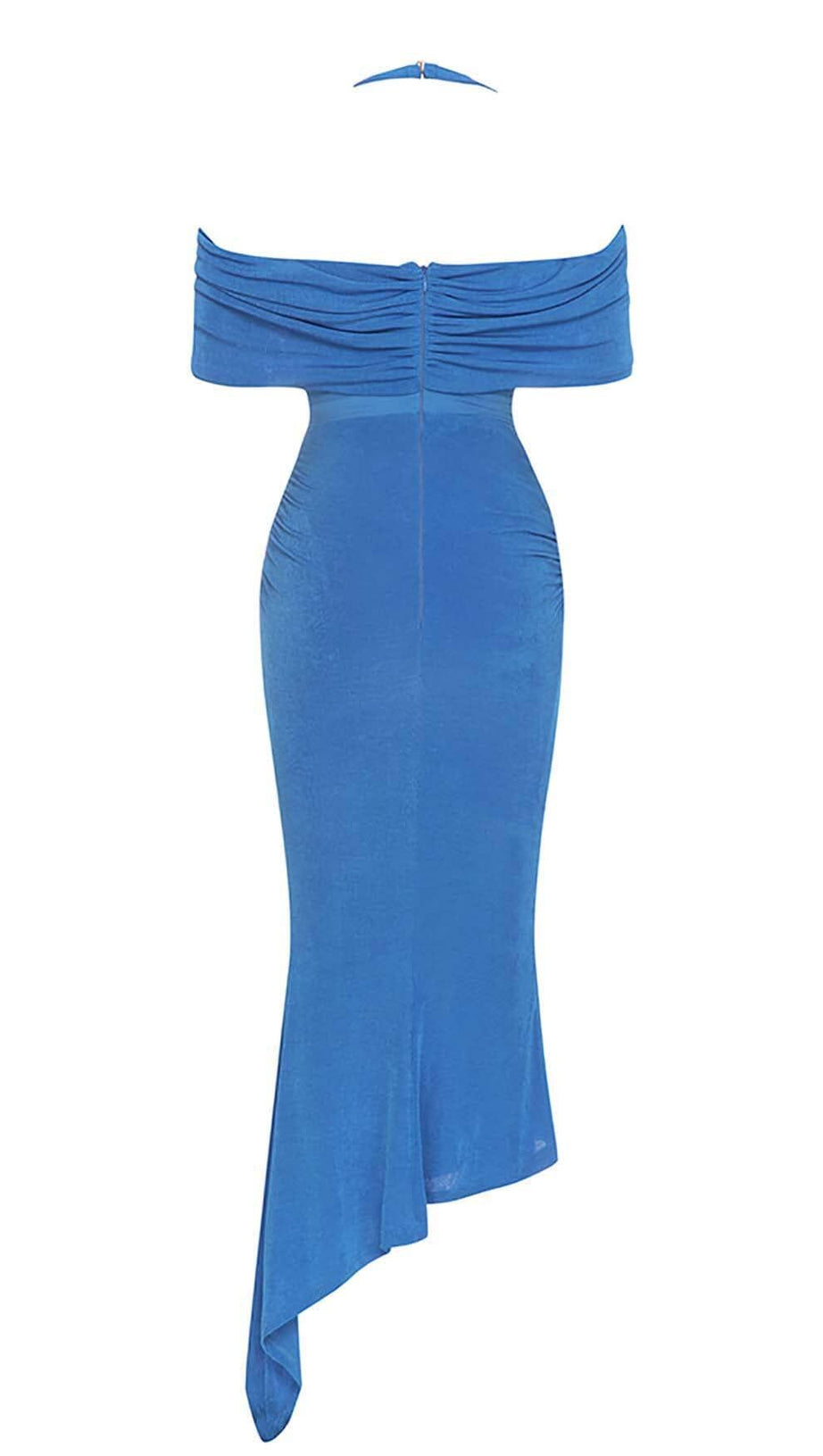 HIGH NECK FRILL MIDI DRESS IN BLUE