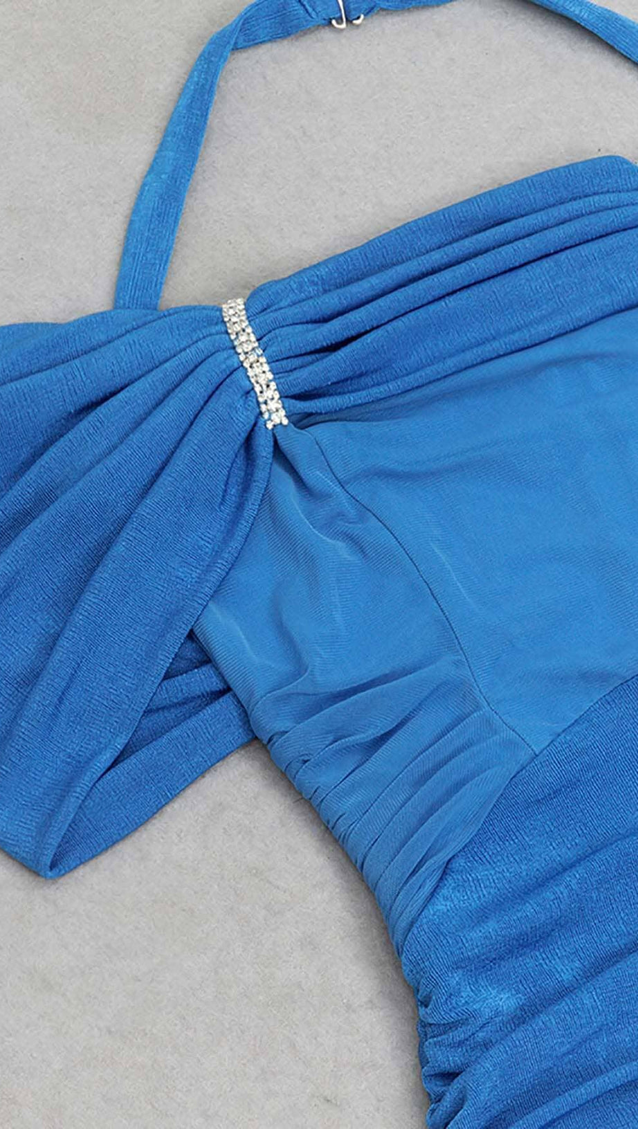 HIGH NECK FRILL MIDI DRESS IN BLUE