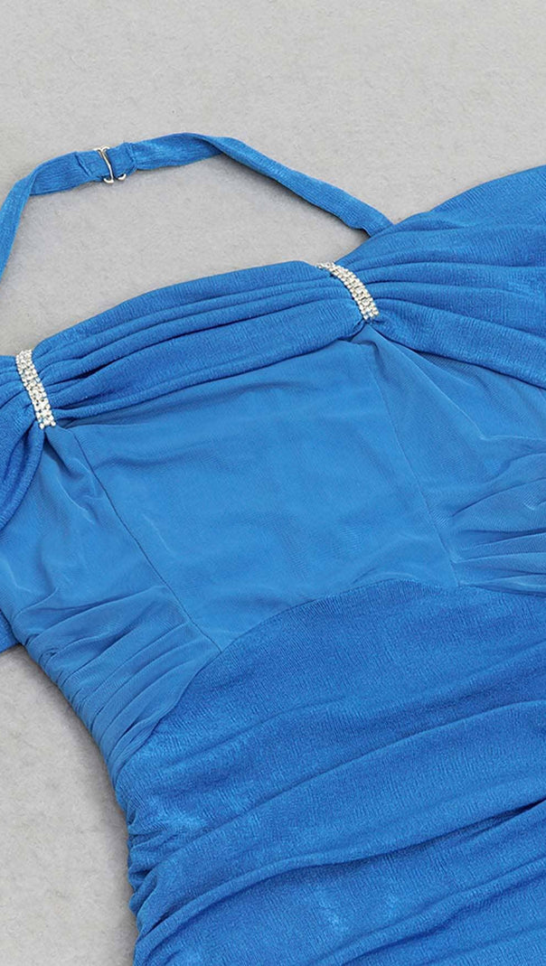 ABITO MIDI CON COLLO ALTO E VOLANT BLU