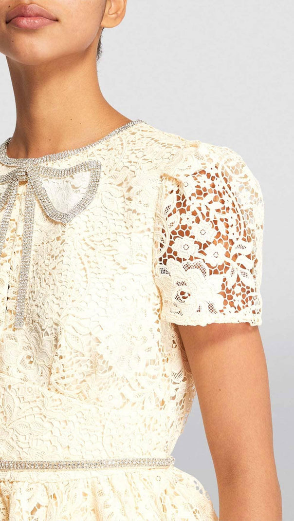 AIIZIE LACE BOW MINI DRESS IN CREAM YELLOW - product image