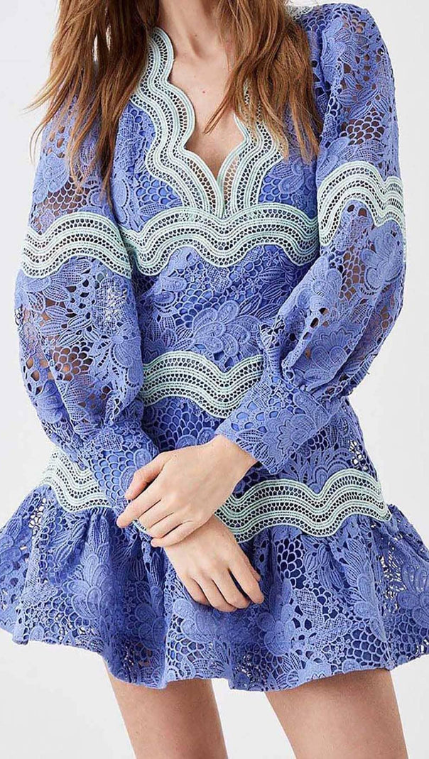 AIIZIE LACE SLEEVE TRIM DETAIL MINI DRESS IN BLUE - product image