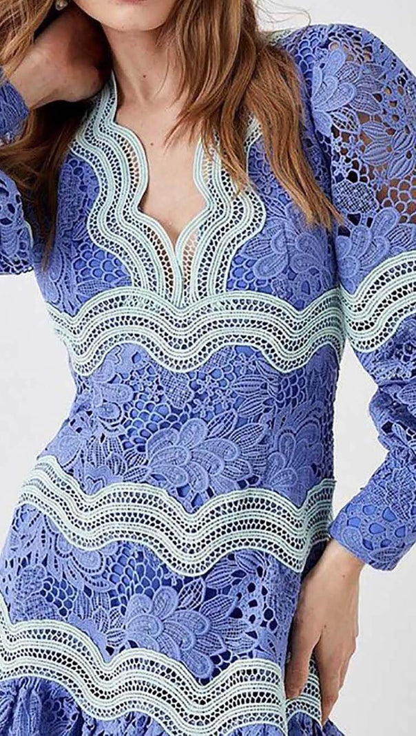 AIIZIE LACE SLEEVE TRIM DETAIL MINI DRESS IN BLUE - product image