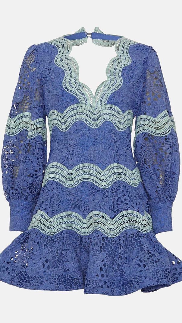 AIIZIE LACE SLEEVE TRIM DETAIL MINI DRESS IN BLUE - product image