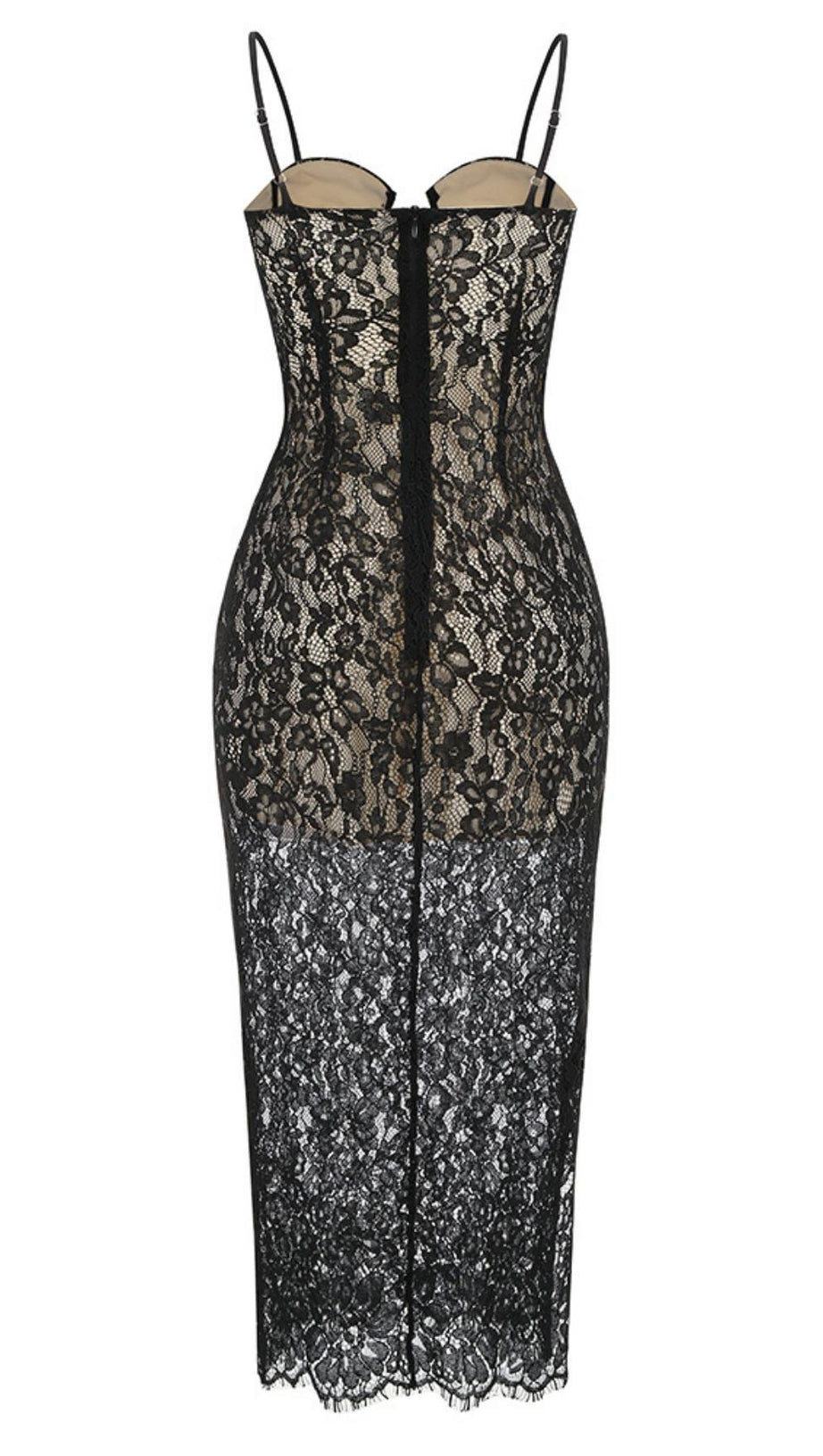 SLEEVELESS LACE MIDI DRESS IN BLACK