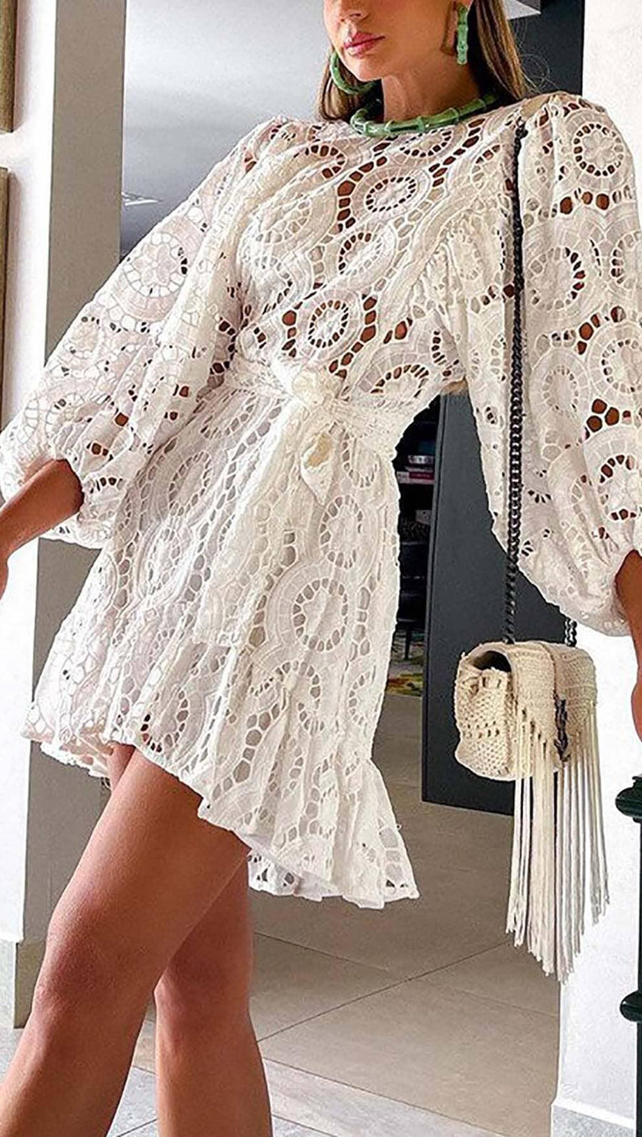 LANTERN SLEEVE MINI DRESS IN WHITE