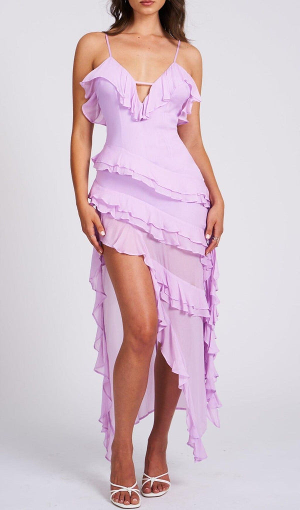 LILAC RAYON RUFFLE MAXI DRESS