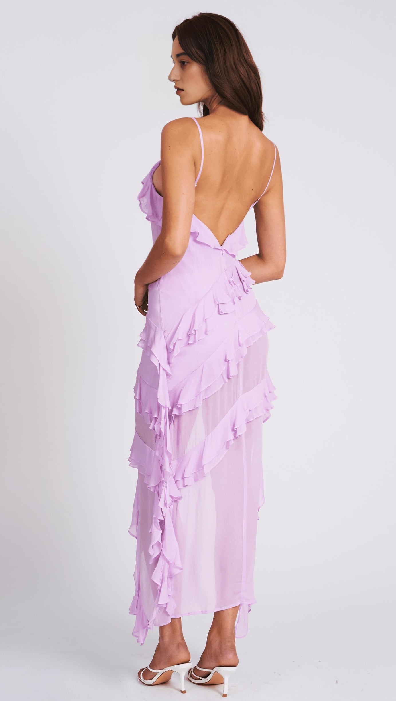 LILAC RAYON RUFFLE MAXI DRESS