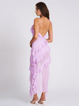 LILAC RAYON RUFFLE MAXI DRESS