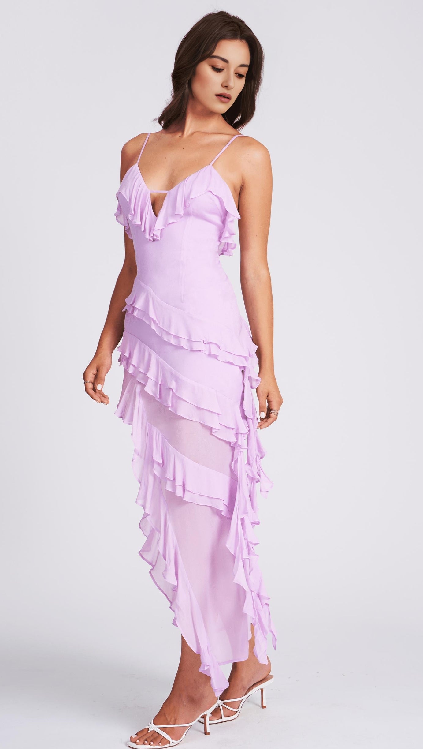 LILAC RAYON RUFFLE MAXI DRESS