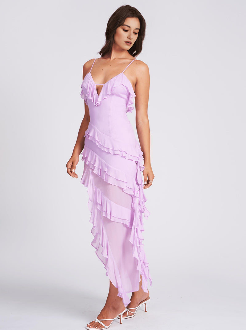 LILAC RAYON RUFFLE MAXI DRESS