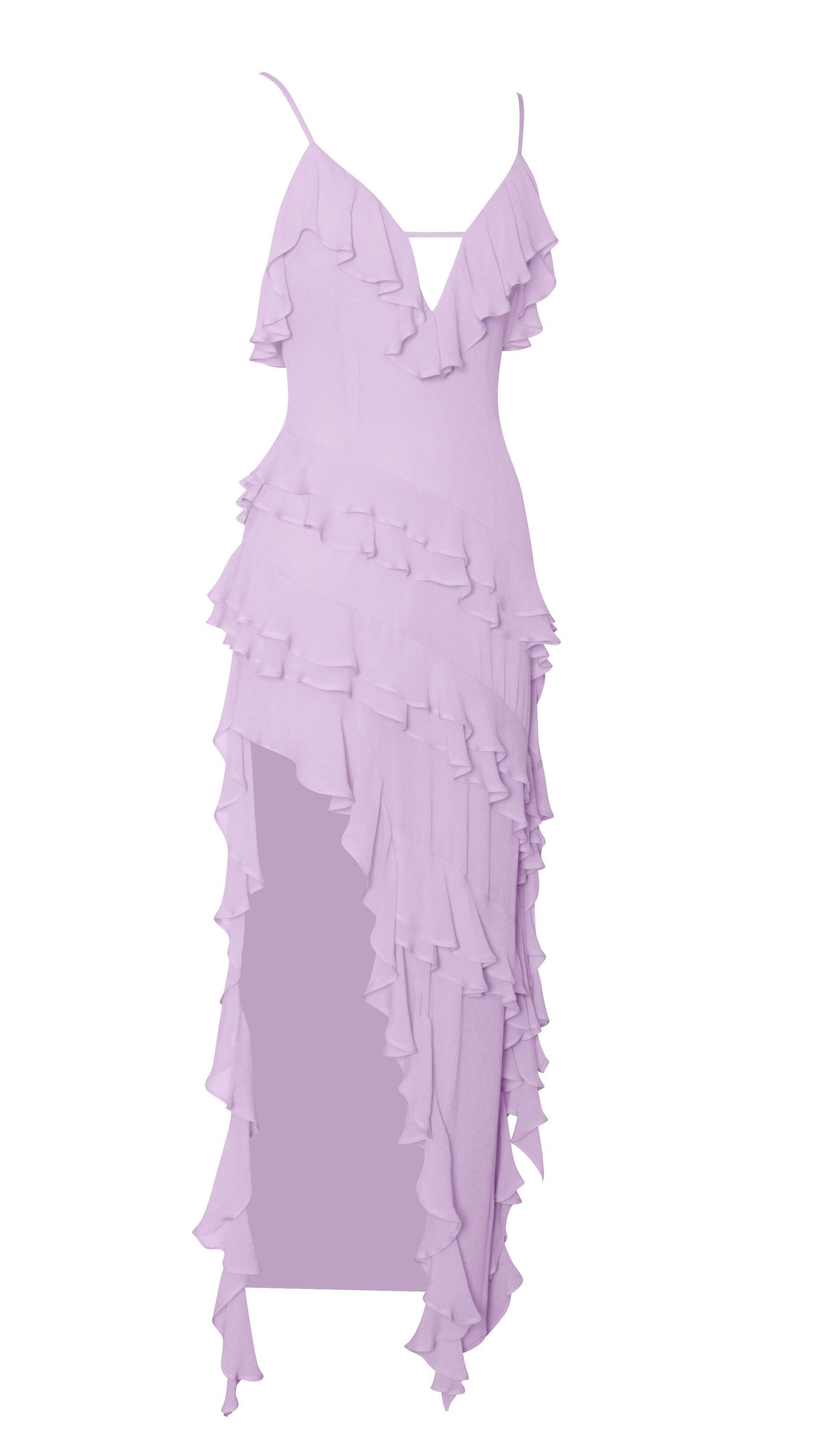 LILAC RAYON RUFFLE MAXI DRESS