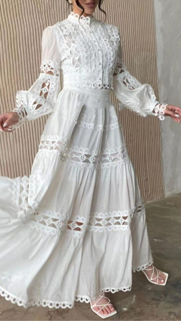AIIZIE LONG PUFF SLEEVES FLARED TIERED MIDI DRESS IN WHITE - product image