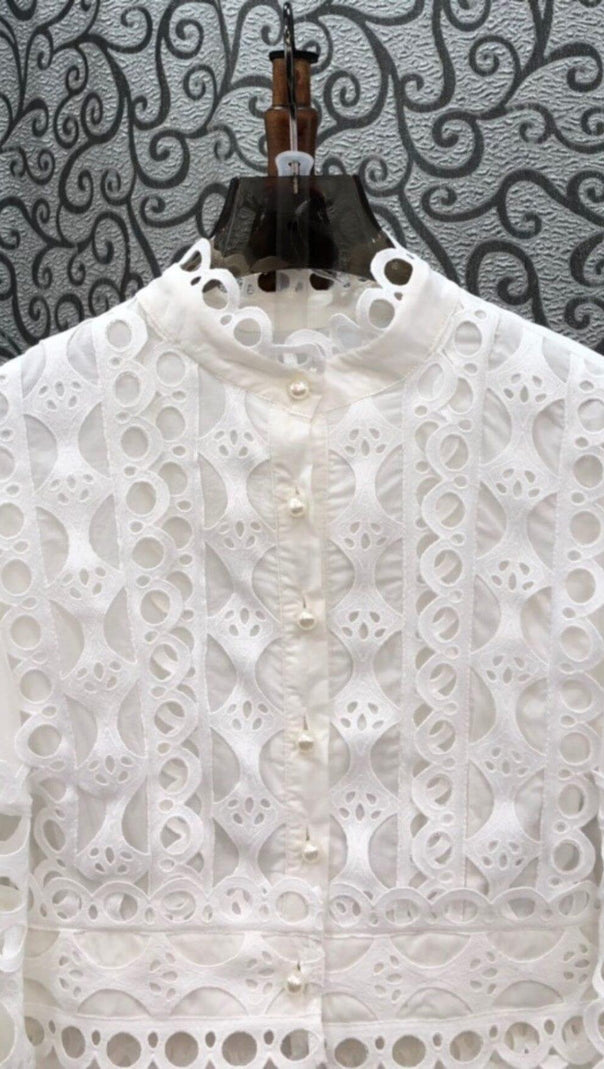 AIIZIE LONG PUFF SLEEVES FLARED TIERED MIDI DRESS IN WHITE - product image