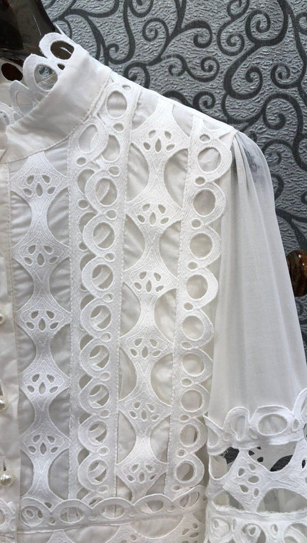 AIIZIE LONG PUFF SLEEVES FLARED TIERED MIDI DRESS IN WHITE - product image