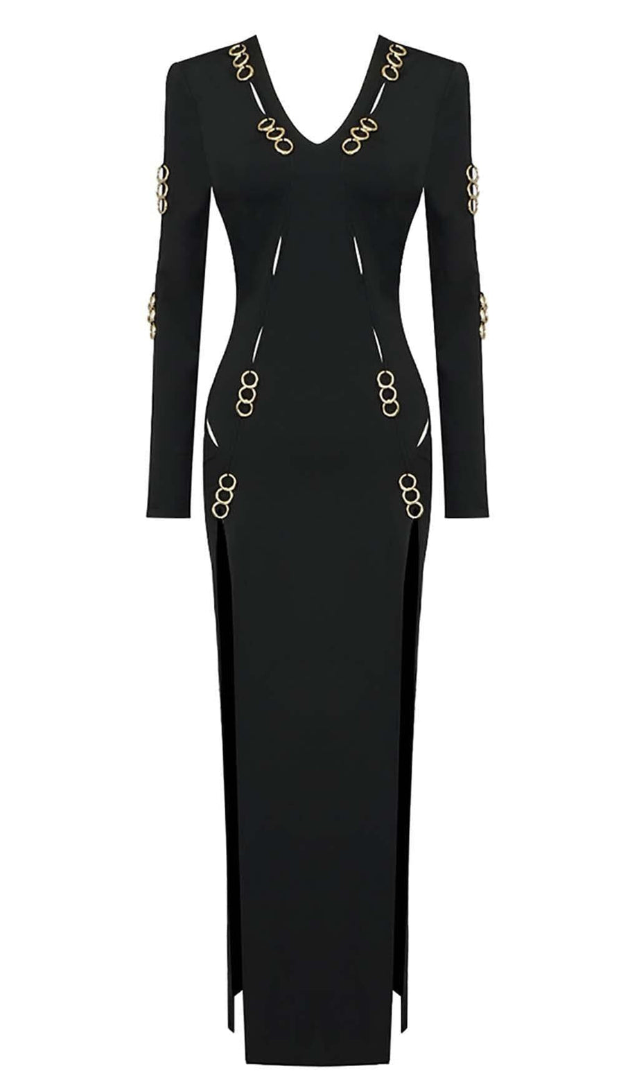 LANGÄRMELIGES, VERZIERTES MAXIKLEID IN SCHWARZ