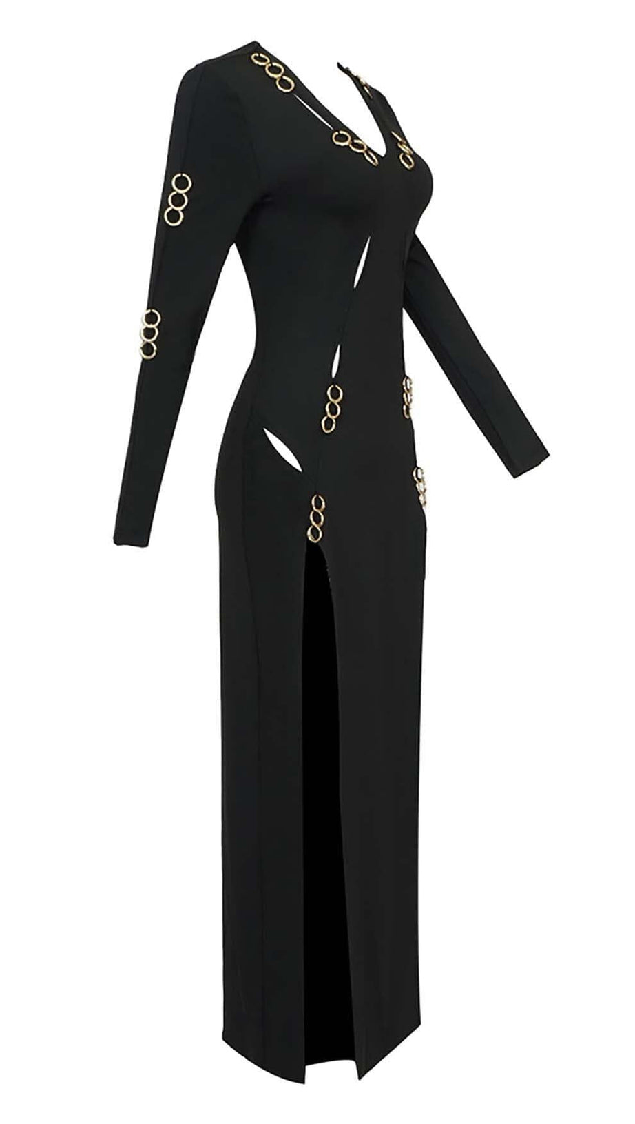 ABITO LUNGO A MANICHE LUNGHE CON DECORAZIONI IN NERO