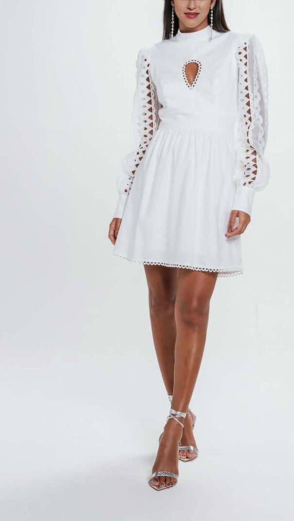 AIIZIE LONG SLEEVE EYELET EMBELLISHMENT MINI DRESS IN WHITE - product image