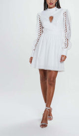 LONG SLEEVE EYELET EMBELLISHMENT MINI DRESS IN WHITE